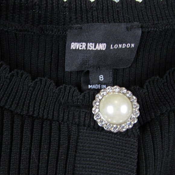 NEW RIVER ISLAND RIBBED BLACK KNIT LONG BALLOON SLV MINI DRESS PEARL BUTTONS 4 - Picture 6 of 8